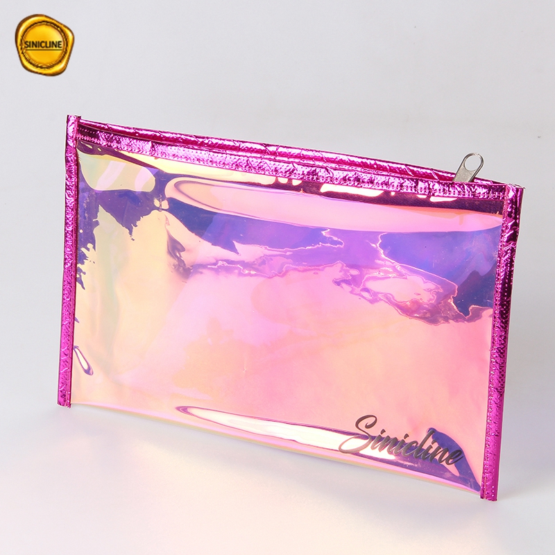 Borsa per l'imballaggio di pennelli per trucco cosmetico in PVC rosa caldo olografico personalizzato